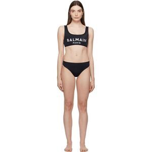 NWT Balmain Paris Stretch Square Neck Embroidered Logo Bikini Set Black Size IT4